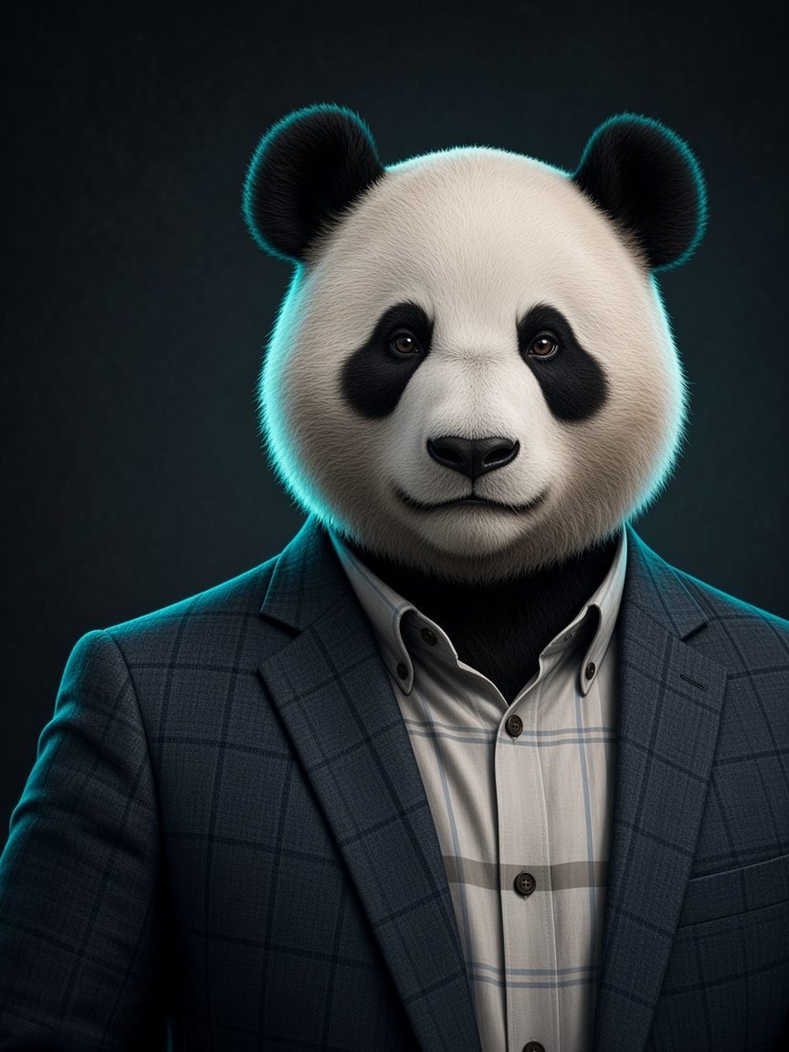 Stilisert portrett av meg som panda i dress og solbriller