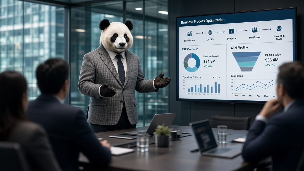 Stilisert panda i dress som presenterer prosessforbedring for en ledergruppe i et møterom