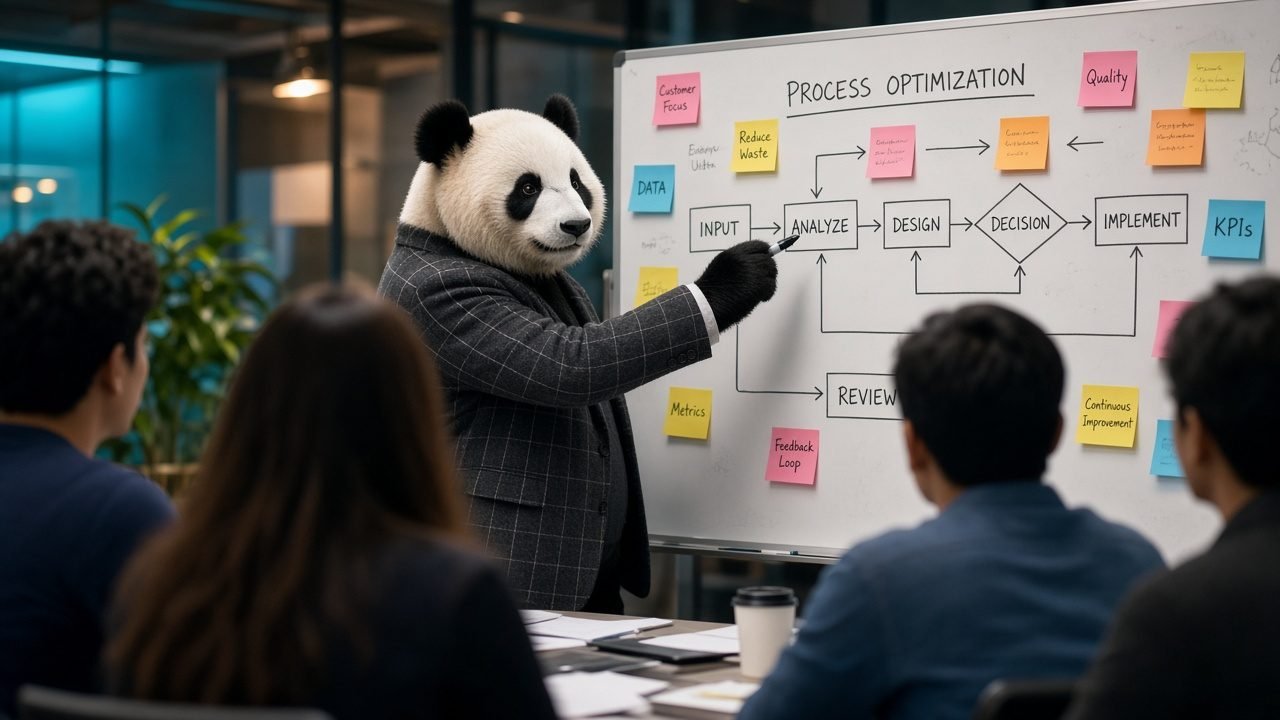 Stilisert panda som leder en prosessworkshop ved en tavle med lapper